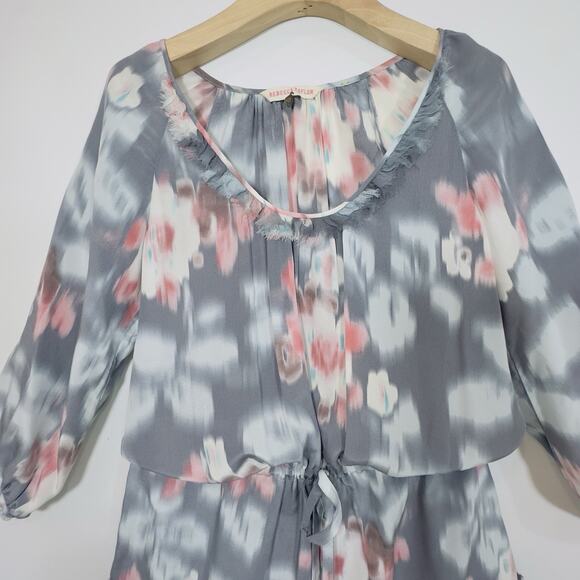 Rebecca Taylor Silk Floral Ruffle Hem Dress Gray Pink Tie Waist Long Sleeve 100% - Picture 7 of 15